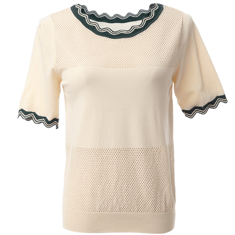 欧昵雪夏季波浪边圆领套头针织衫上衣女镂空拼接短袖毛衣