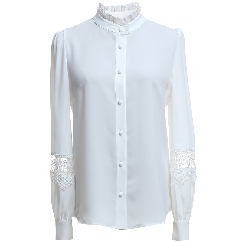 欧昵雪春装木耳边立领衬衫女镂空蕾丝拼接长袖白色衬衣