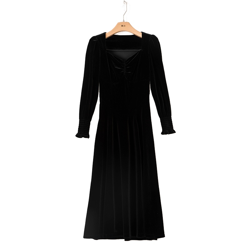 晚白2021春新品简约纯色修身显瘦高腰开叉礼服裙A字丝绒连衣裙女