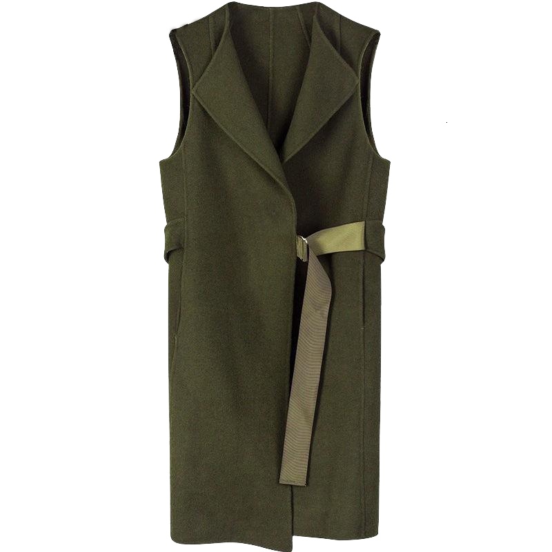 拉夏贝尔秋装新款韩版中长款无袖宽松显瘦羊毛呢大衣外套10013429