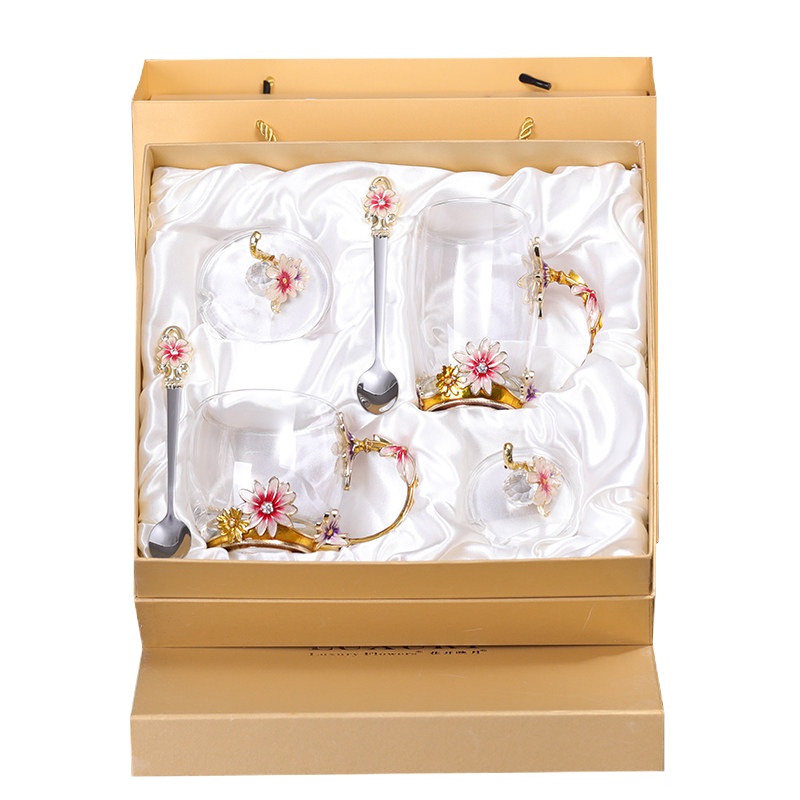 创意珐琅彩水杯家用咖啡杯软妹杯子少女心水晶玻璃杯果汁杯花茶杯 雏菊高矮组合+珐琅勺+杯盖+礼盒