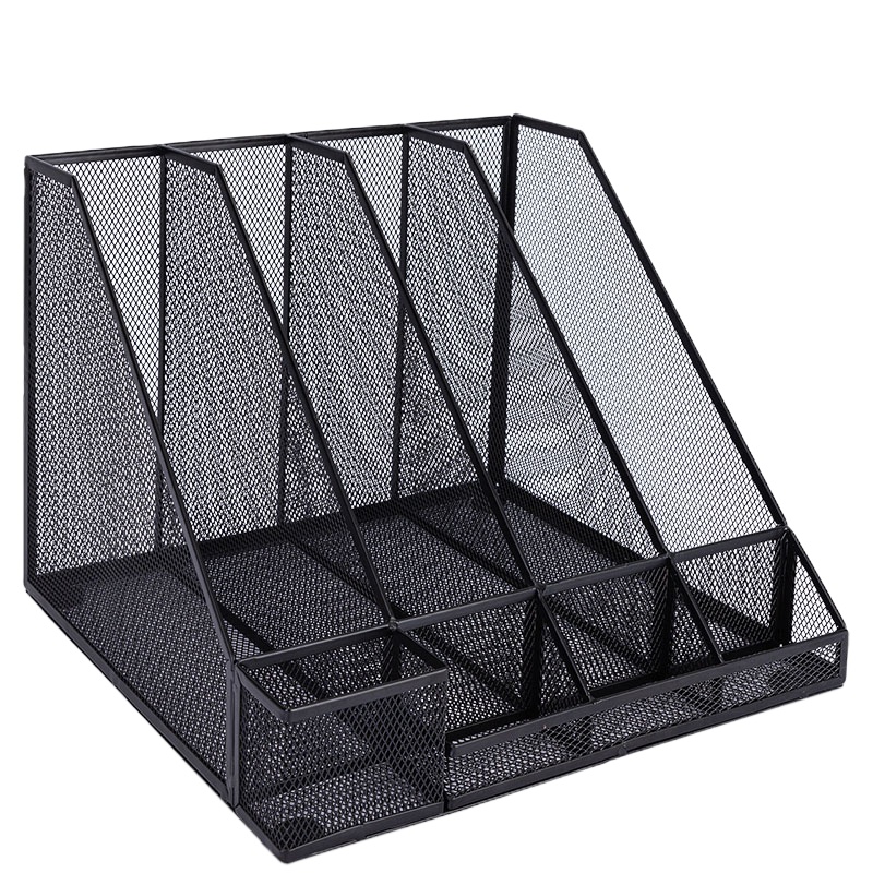 得力(deli)四联带笔筒收纳一体式文件框 网状镂空文件架/文件栏/文件筐/资料筐 办公用品 黑色78988