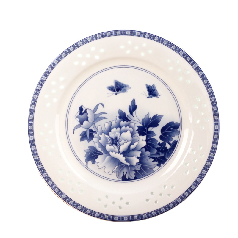 LICHEN 景德镇陶瓷大平浅盘菜盘牛排西餐盘碟子青花玲珑瓷器釉中彩中式牡丹花餐具10英寸 优品