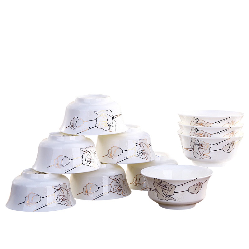 瓷物语10个陶瓷碗套装米饭碗骨瓷碗套装 高脚碗防烫瓷碗(两种花色随机)