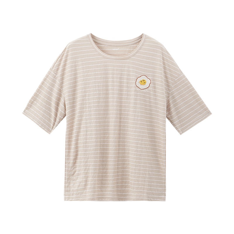 茵曼T恤女2019秋装新款清新字母刺绣落肩袖百搭条纹半袖显瘦上衣