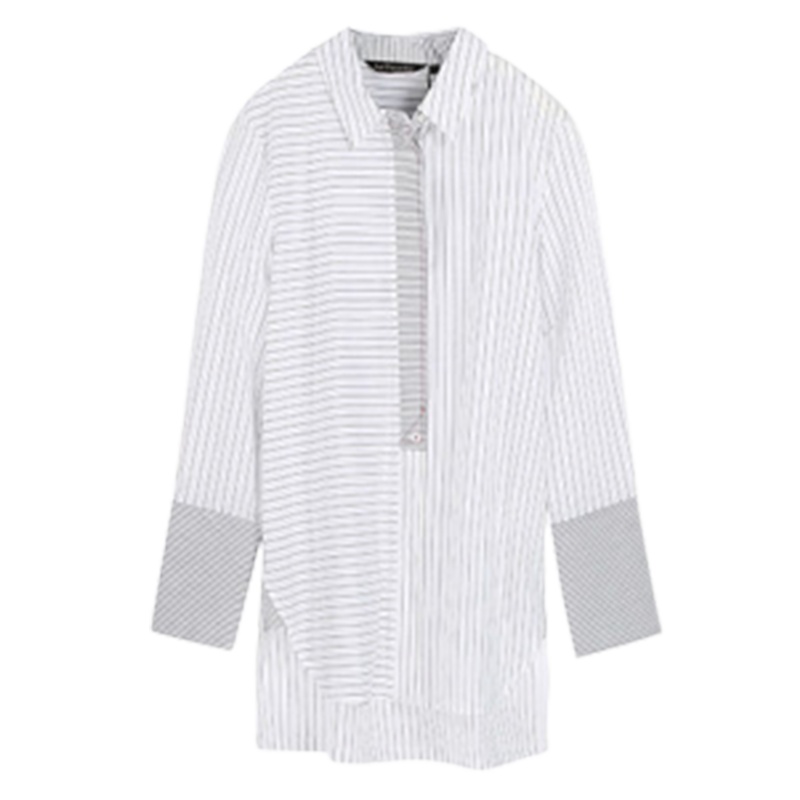 拉夏贝尔春季新款撞色拼接韩版修身显瘦中长款条纹衬衫女10018538