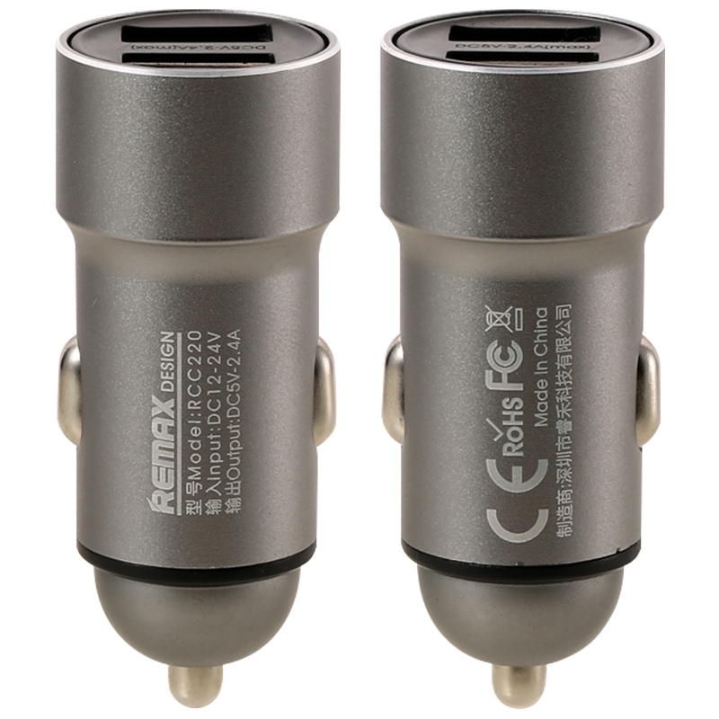 REMAX 睿畅金属双USB车载充电器 2.4A智能输出车充 银色 支持快充 兼容华为小米 iPhone手机充电
