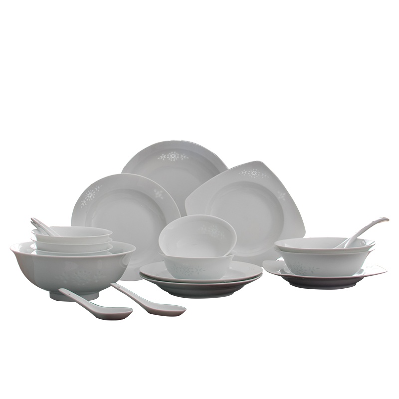景德镇简约中式白瓷釉下彩餐具套装碗盘家用景德镇创意玲珑陶瓷碟筷子组合微波炉...