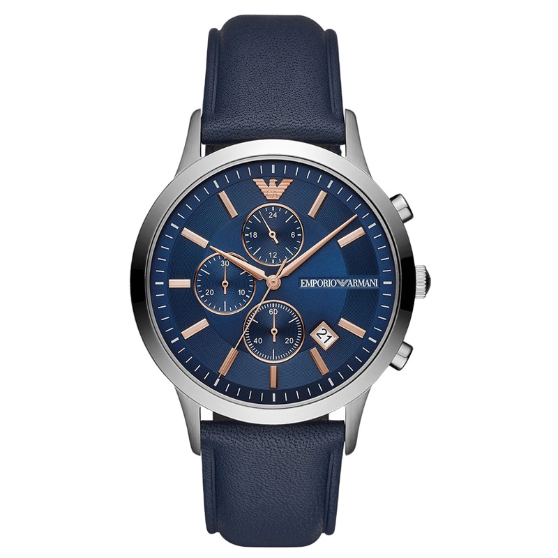 阿玛尼(EMPORIO ARMANI)蓝色皮革商务手表潮男 时尚大气男士腕表