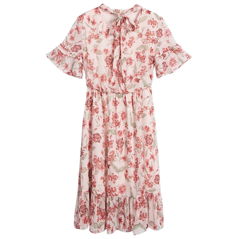 拉夏贝尔雪纺连衣裙温柔甜美气质夏季新款系带碎花荷叶边小清新度假裙_543 S 印花混色