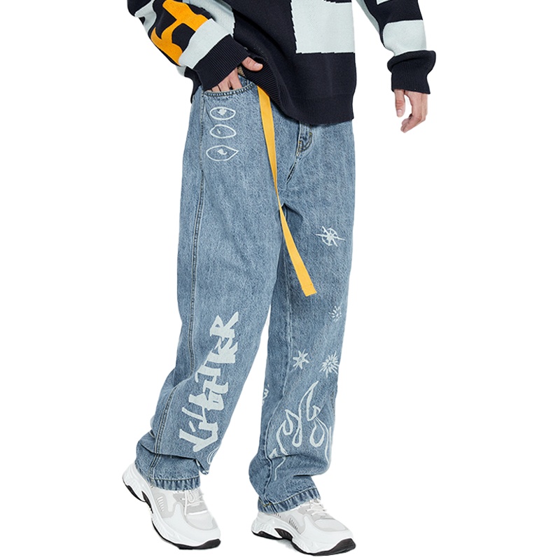 Lilbetter牛仔裤男长裤复古阔腿cec直筒裤哈伦裤弹力潮牌印花裤子【尺码偏大 建议拍小一码】