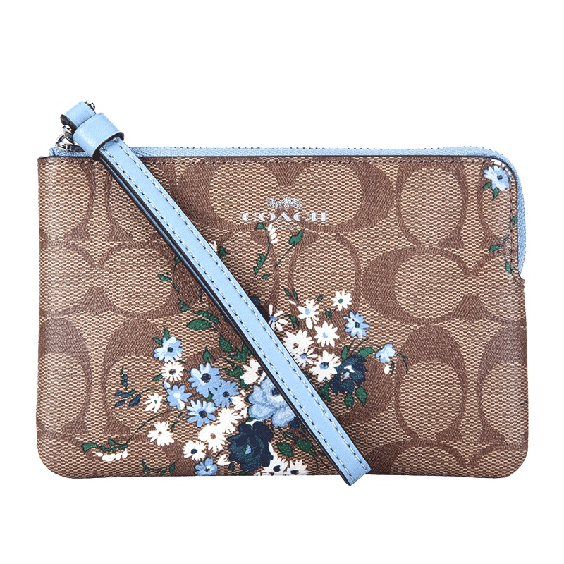 COACH 蔻驰 奢侈品 欧美时尚手拿包卡其印花PVC短款零钱包手包 女