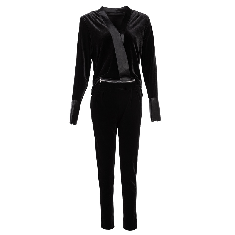 晚白2019秋季新品套装纯色V领长袖上衣高腰铅笔裤休闲裤两件套女