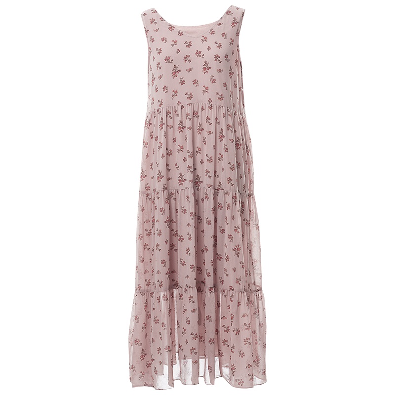 欧昵雪夏季V领无袖印花雪纺连衣裙女中长款背心蛋糕裙