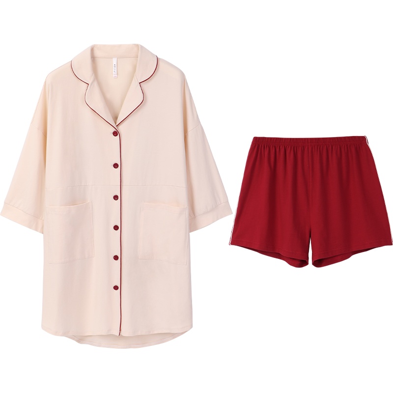 冰爽棉素色国民领七分袖女套装