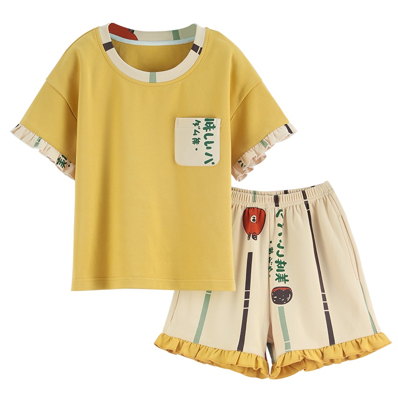 浪莎小女孩短袖睡衣夏季薄款宽松纯棉可爱卡通女童中大家居服套装