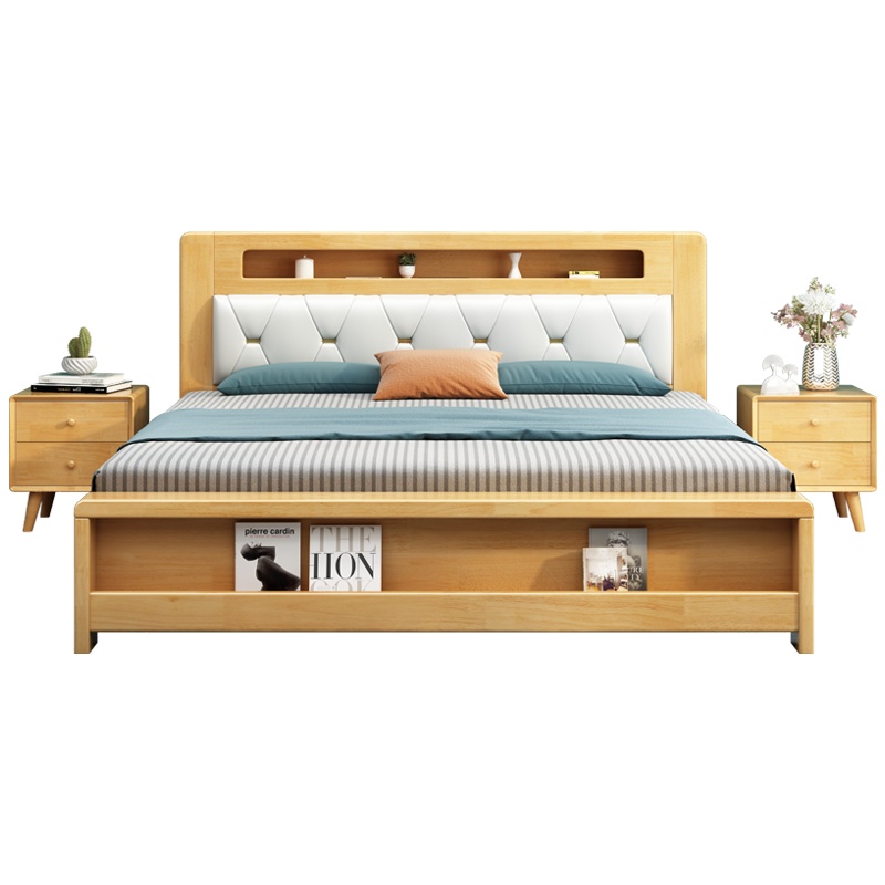 都市名门 北欧橡胶木主卧床1.5米床双人床实木床家用夜灯储物床欧式大床软包床现代简约小户型婚床套装组合卧室家具床