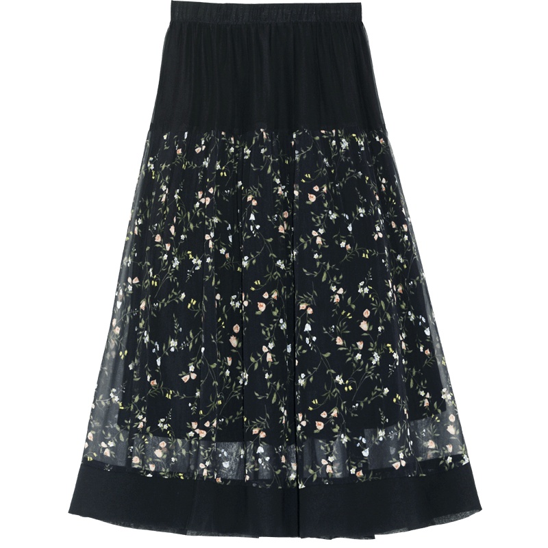 金菊2020春夏新款碎花半身裙女网纱裙松紧腰中长款裙子A字裙女