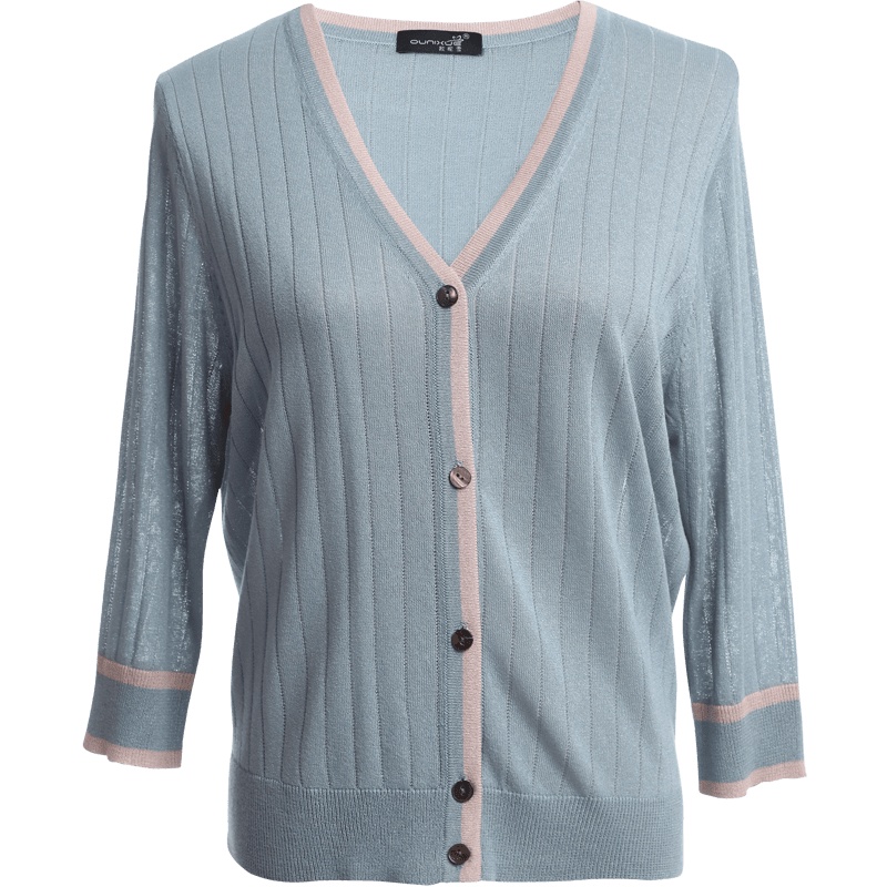 欧昵雪春夏撞色V领七分袖修身针织衫女防晒空调开衫外套