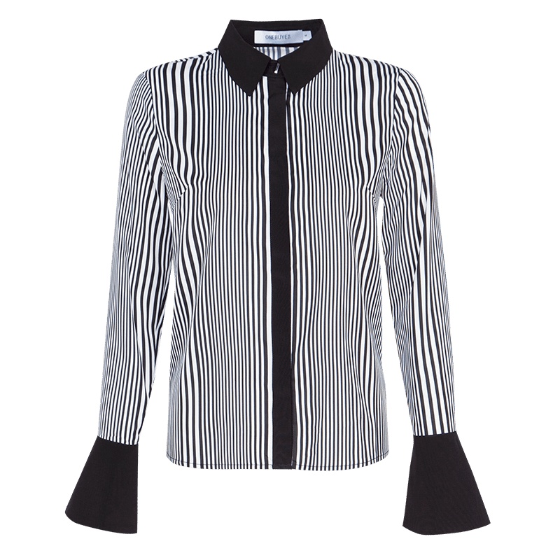 晩白 新品通勤POLO领撞色条纹喇叭袖长袖上衣雪纺衫衬衫