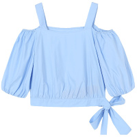 马克华菲女装2019夏装新款浅蓝色拼接蝴蝶结泡泡袖吊带一字肩衬衫