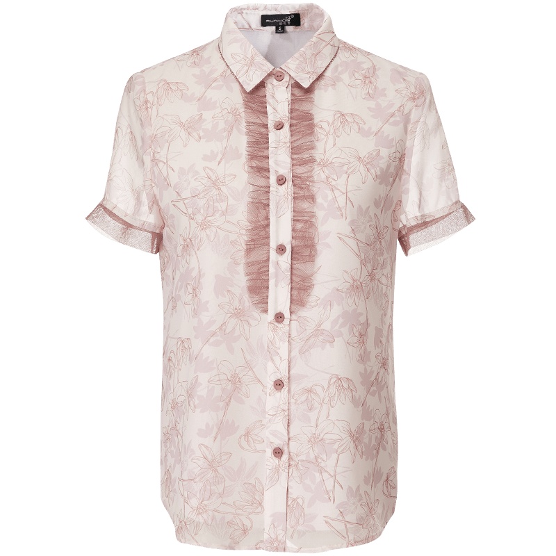 欧昵雪OL气质网纱拼接短袖翻领衬衫女碎花雪纺衫上衣