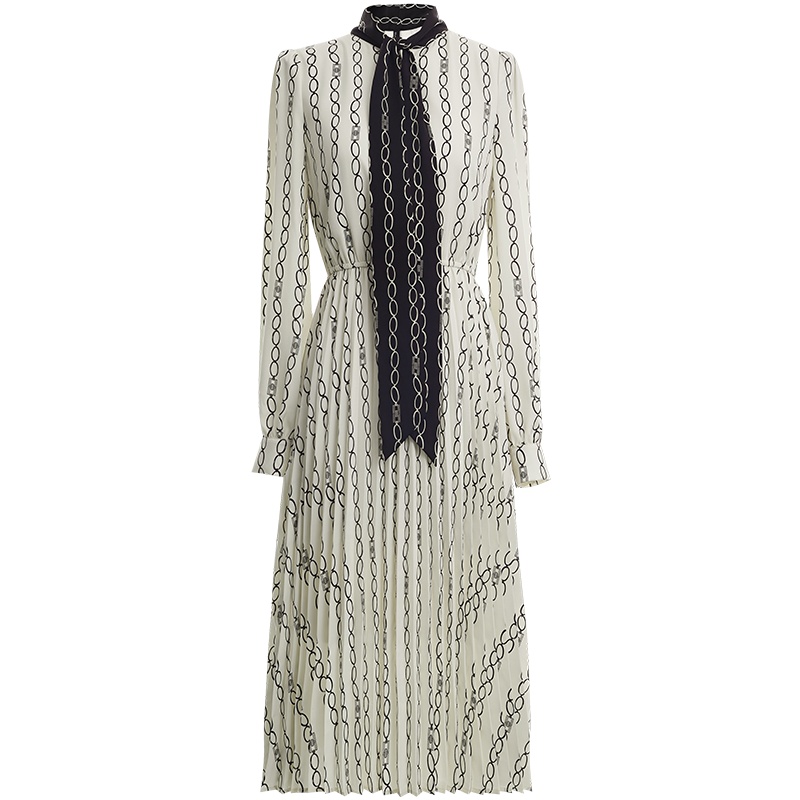 OUNIXUE欧昵雪 | [锁链印花百褶裙]春秋复古蝴蝶结系带裙子雪纺长袖连衣裙女