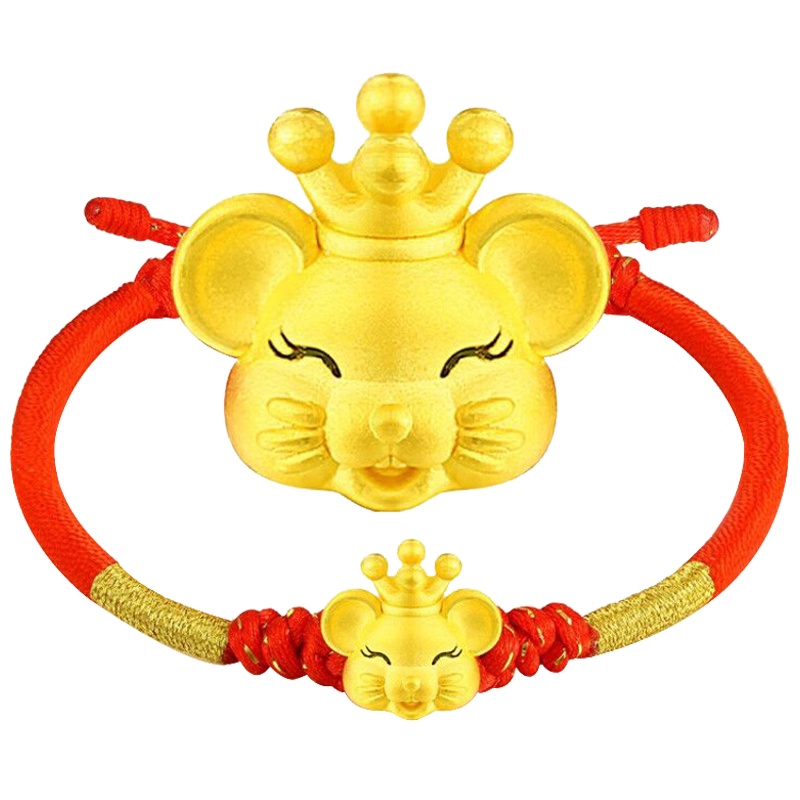 佐喜佑福 3D硬金生肖鼠本命年红绳手链男女款福字鼠成人款16cm金重:0.81-0.9g ZXNLYFC104e