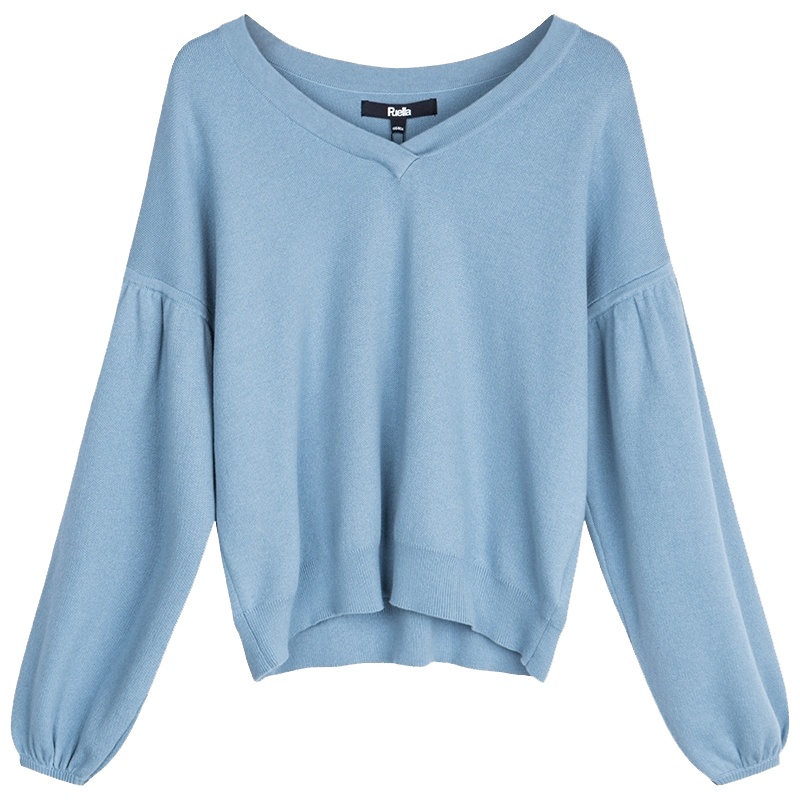 拉夏贝尔Puella春季新款韩版宽松套头雾霾蓝v领针织衫女20011601