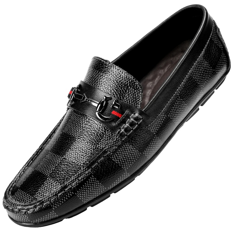 Rock Fairwhale洛克华菲男鞋夏季新款休闲皮鞋男软底豆豆鞋男真皮英伦懒人鞋子男格子