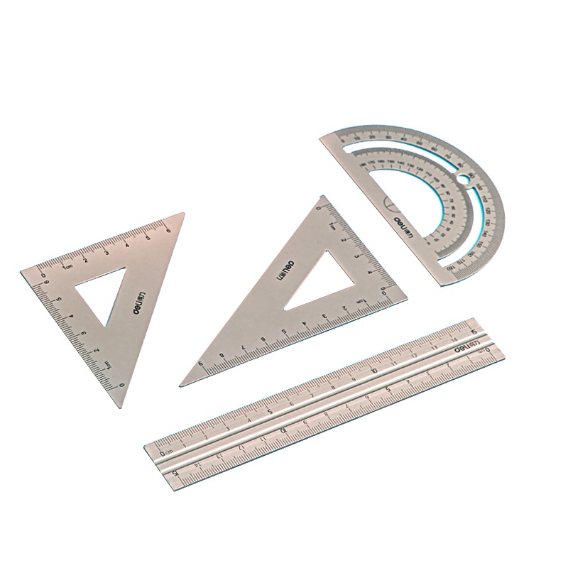 得力deli79532套尺4件套铝合金金属直尺量角器三角尺组合套装办公学生教学文具几何数学儿童多功能三角板坚固耐用