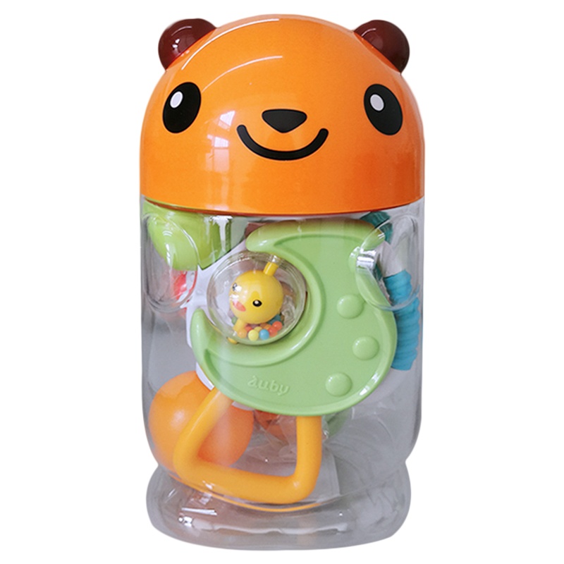 澳贝auby牙胶摇铃套装可爱造型收纳罐 5只熊仔罐装摇铃463123婴幼儿安抚玩具
