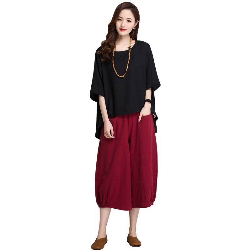 丝柏舍2020夏季女装圆领短袖宽松上衣搭阔腿裤套装S82F0056N