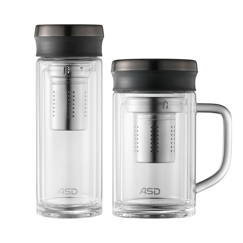 爱仕达办公杯双层隔热耐高温高硼硅玻璃把手水茶杯 茶水分离杯