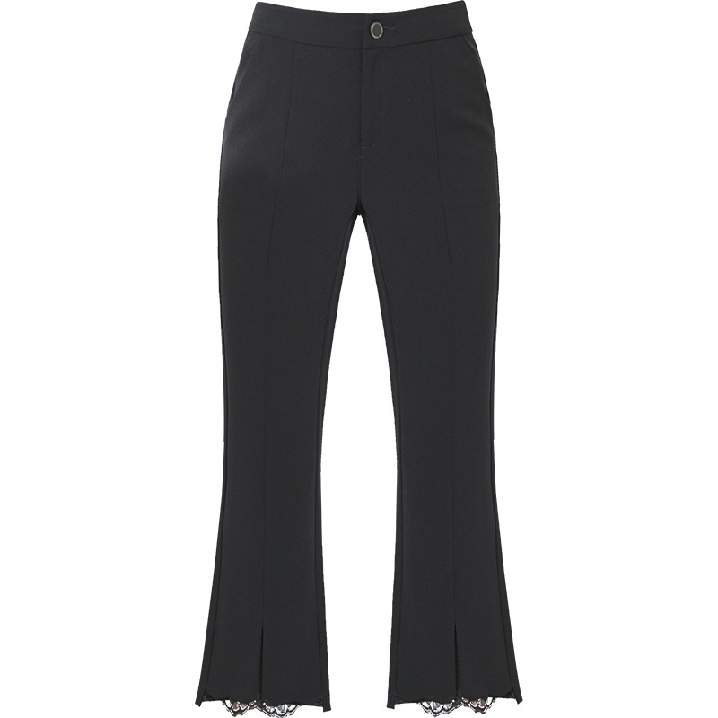 娅丽达女裤2019夏季新款微喇叭裤女黑色显瘦蕾丝边九分薄款裤子I2516