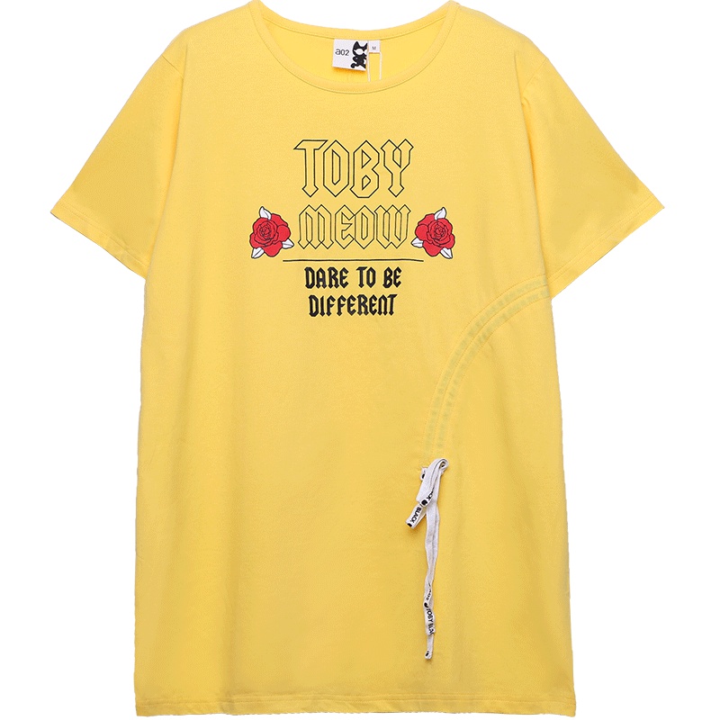 a02新款清新少女印花个性抽绳宽松长款T恤女DTU1B0561KT