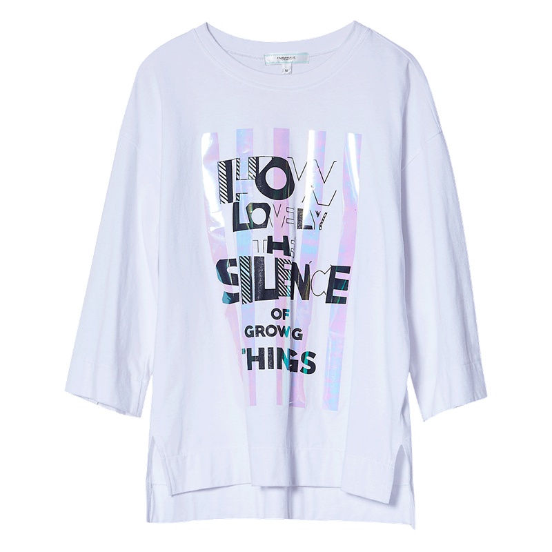 马克华菲女装新款印花个性下摆圆领七分袖T恤