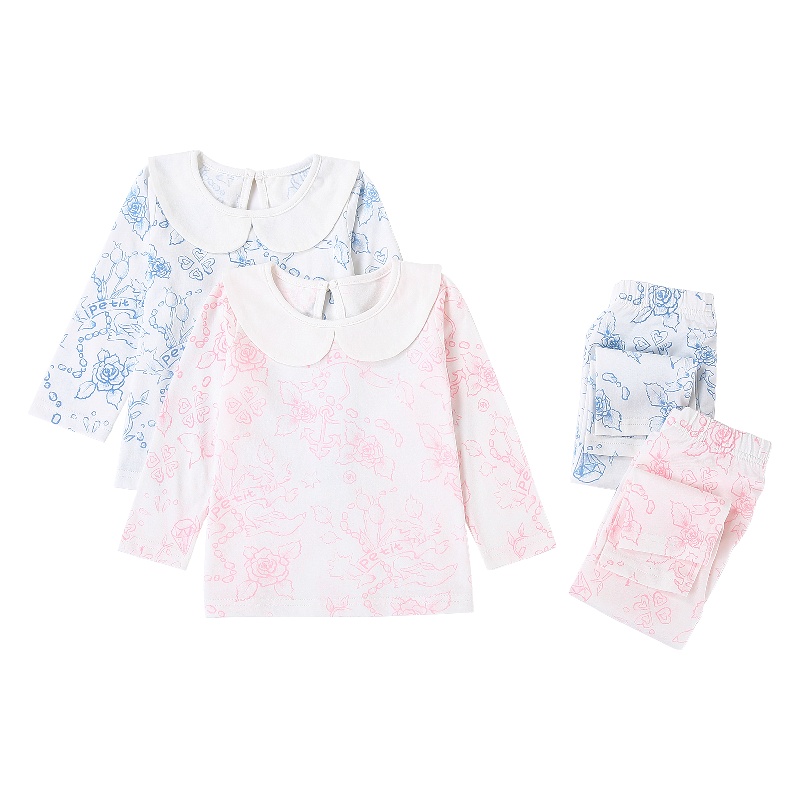 Petitkami2021秋冬婴童花卉印花彼得潘领长袖长裤分体套装