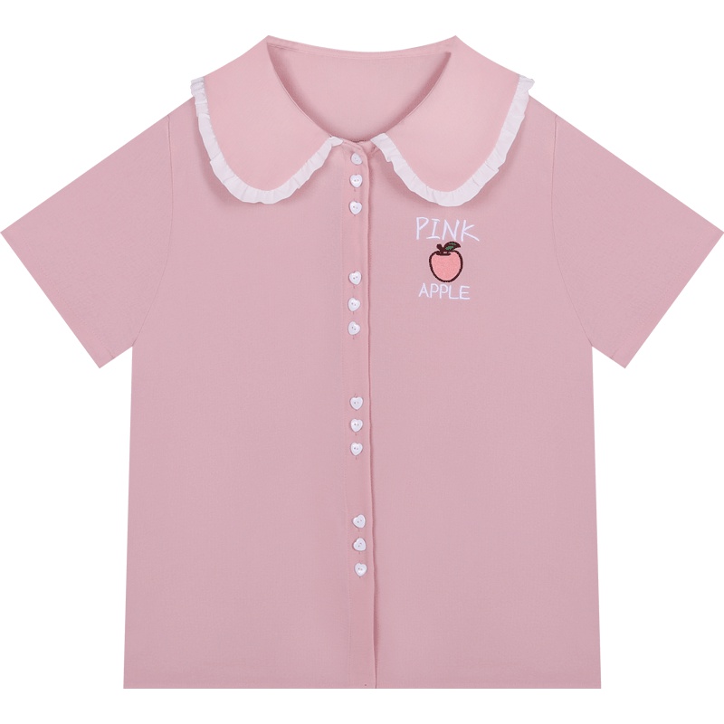 很仙的衬衣设计感超仙娃娃领短袖衬衫2019夏季新款甜美粉色雪纺衫