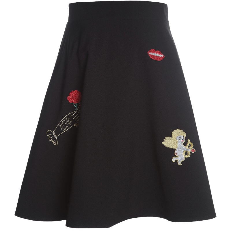 欧昵雪卡通绣花半身裙黑色性感短裙可爱公主百褶裙女
