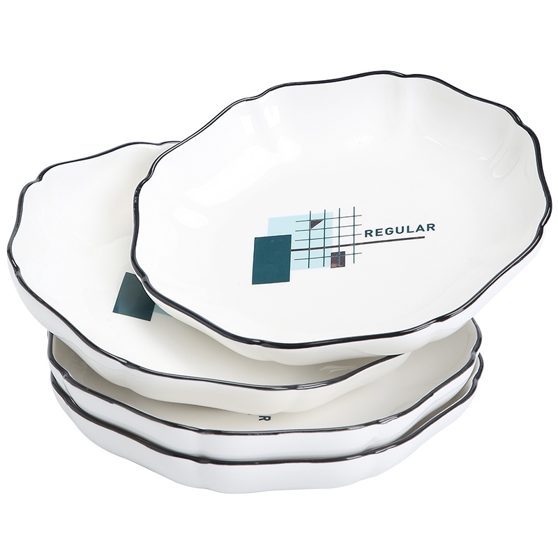 苏氏陶瓷(SUSHI CERAMICS)汤菜盘子7.5英寸四叶草盘 城市方格日韩小清新简约家用陶瓷碟子4只装中餐具