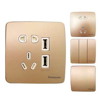 Panasonic松下开关插座曲悦五孔插座带开关86型无边大板一位单控双联双控面板双USB五孔WMT654香槟金电源插座