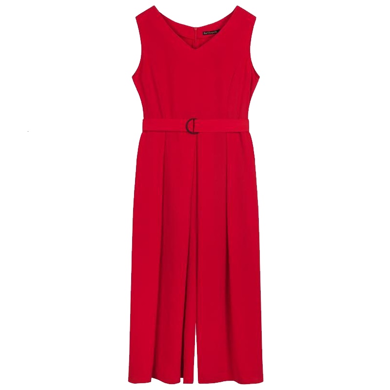 拉夏贝尔女士夏装新款宽松阔腿裤连衣裤系带红色雪纺休闲裤子_329 M 大红