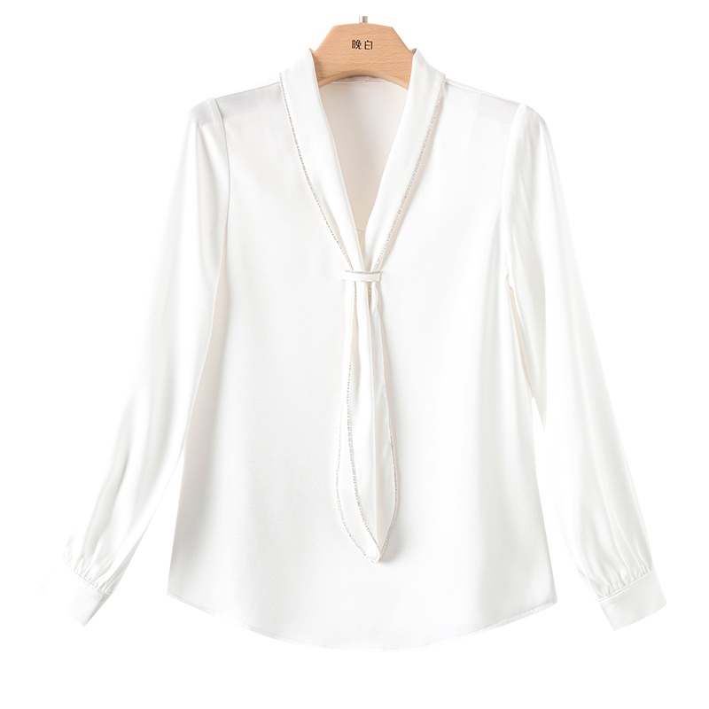 晚白2021春夏新品简约纯色系带立领长袖休闲百搭上衣衬衫衬衣女