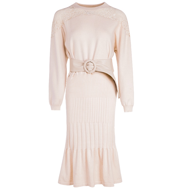 晚白 新款圆领长袖收腰纯色毛衣裙中长款针织连衣裙