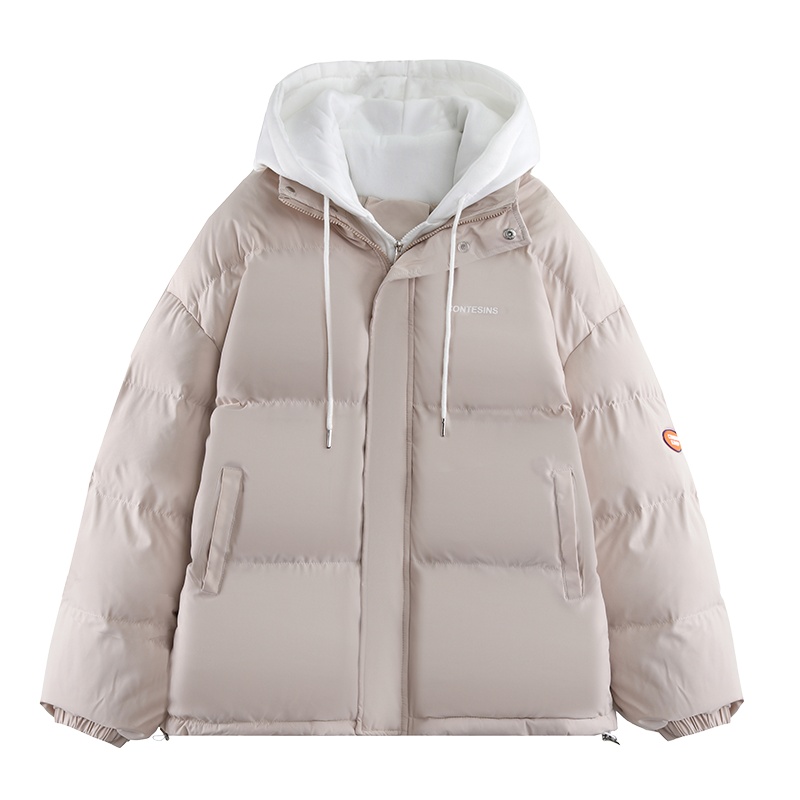 休闲假两件棉衣女2024秋冬短款拼接宽松面包服连帽棉服学生外套