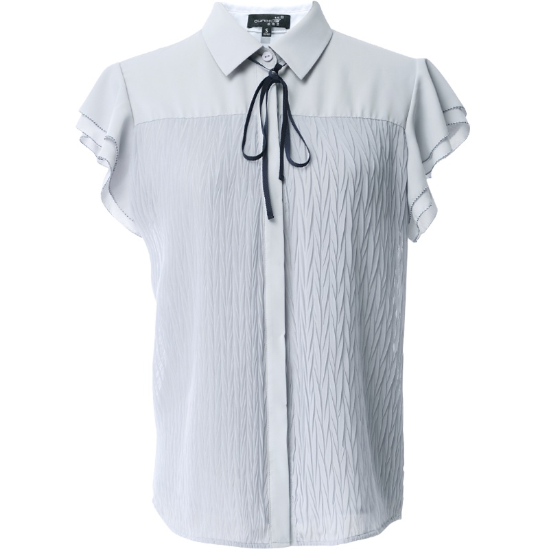 欧昵雪夏季翻领短袖衬衫女蝴蝶结系带荷叶袖雪纺衫上衣