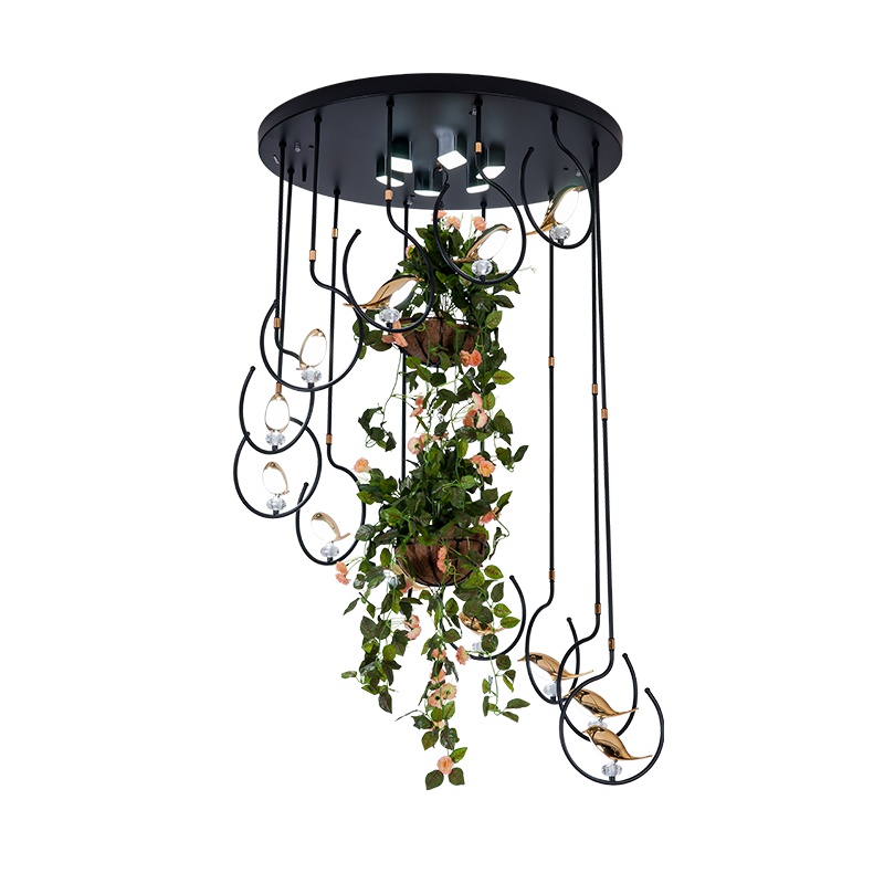 冠雅 吉星高照吊灯后现代简约轻奢喜鹊吊灯带仿真花草遥控调光调色客厅餐厅大厅吊灯灯具灯饰 法国金