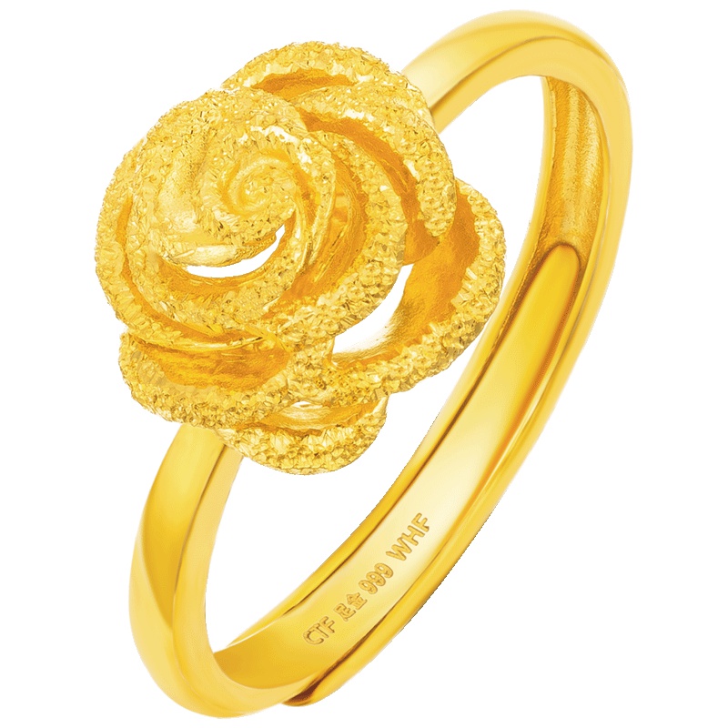周大福光沙玫瑰花开口黄金戒指计价（足金工费58元）F189576