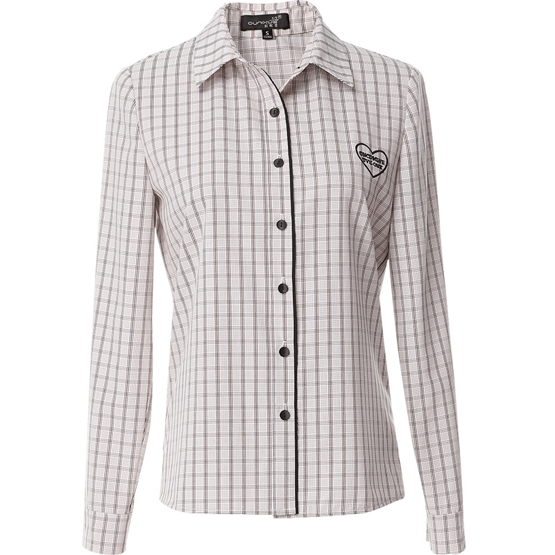 欧昵雪秋装翻领爱心字母绣花修身衬衫女上衣长袖格子衬衣